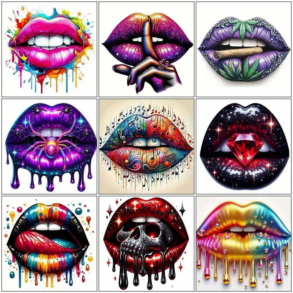 Embroidery Lips - Diamentowa mozaika: usta, pełny kwadratowy lub