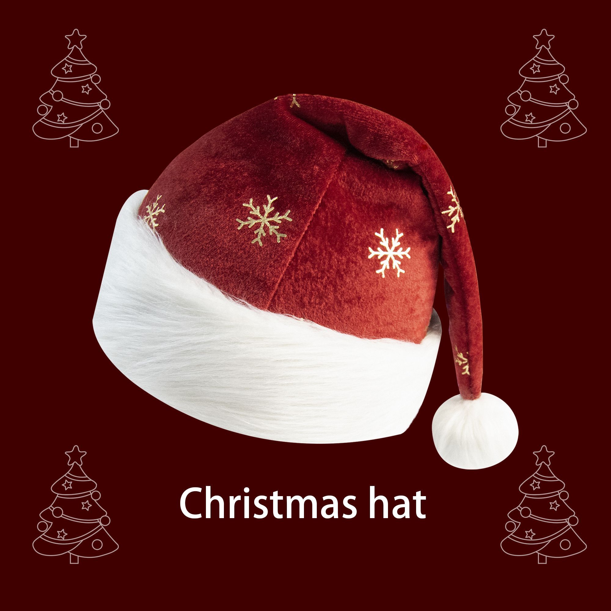 Embroidery Xmas Decorations - Czapka świąteczna z bordowego aksamitu z