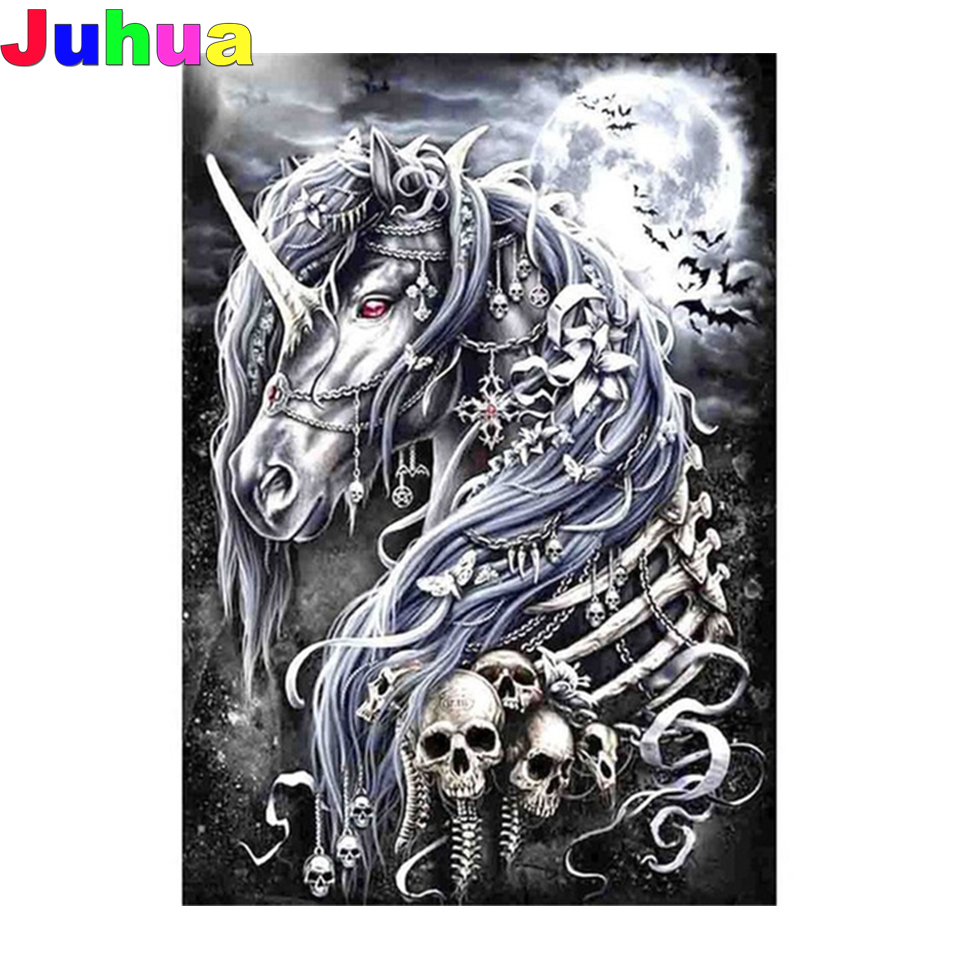 Embroidery Unicorn - Czaszka jednorożec pełne wiertło diamentowe malowanie